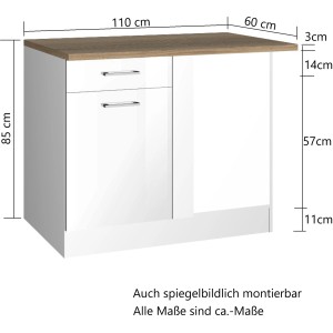 Held Möbel Küchen-Eckschrank Mailand, 110 cm, Hochglanz Weiß/Weiß mit Maßen.