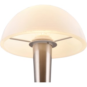 Moderne Tischleuchte Canaria in Nickel matt mit weißem Glasschirm für Wohnbereich.