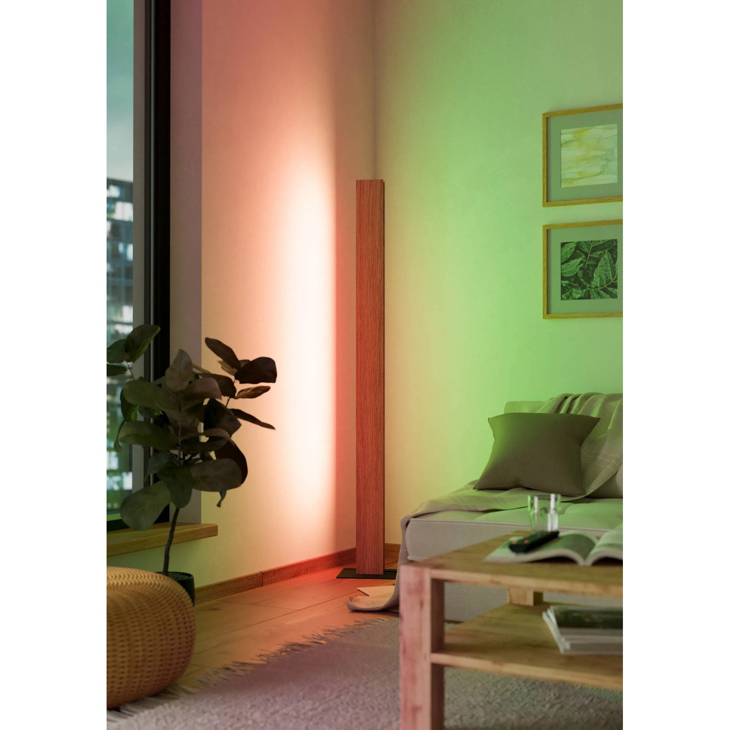 Smarte Eglo LED-Stehleuchte Anchorena-Z in Schwarz-Braun mit RGB/CCT Funktion, 153,5 cm hoch.