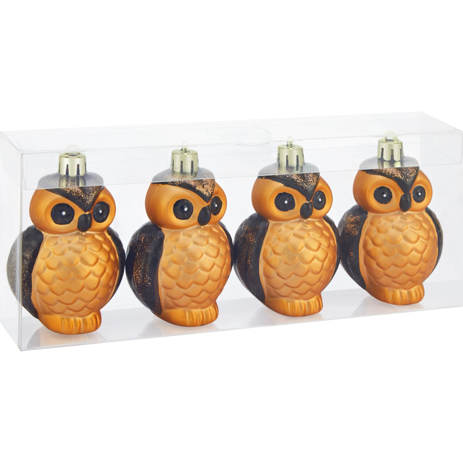 4er-Set Deko-Eulen in Dunkelbraun für den Weihnachtsbaum.