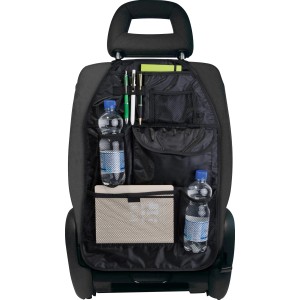 Schwarze OBI Rücksitztasche mit Fächern für Auto-Innenausstattung.