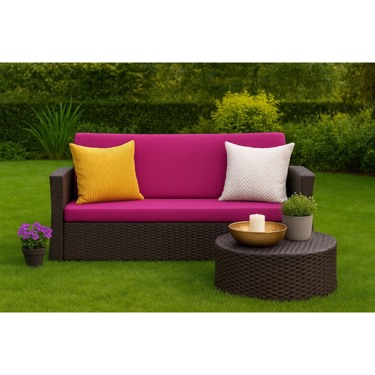 Gartensofa mit rosefarbenen Kissen und gelbem Dekokissen. Setgarden Techno Gartenkissen für Polyrattan Möbel.