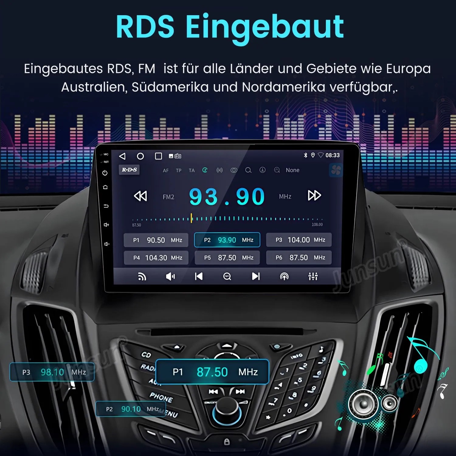 Junsun Autoradio für Ford Escape mit großem Touchscreen im Armaturenbrett, zeigt FM Radio mit RDS. Modernes Infotainmentsystem.