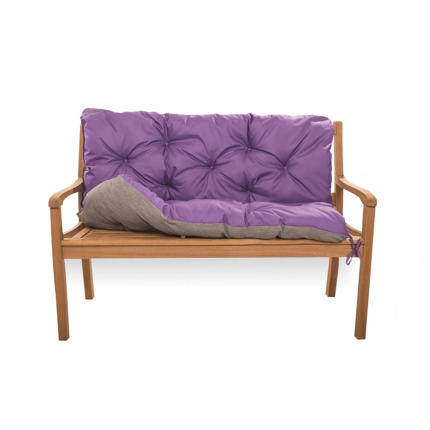 Violette, wendbare Bankauflage für 2-Sitzer Gartenbänke. Gestepptes Sitzkissen in Lila/Grau auf Holzbank.