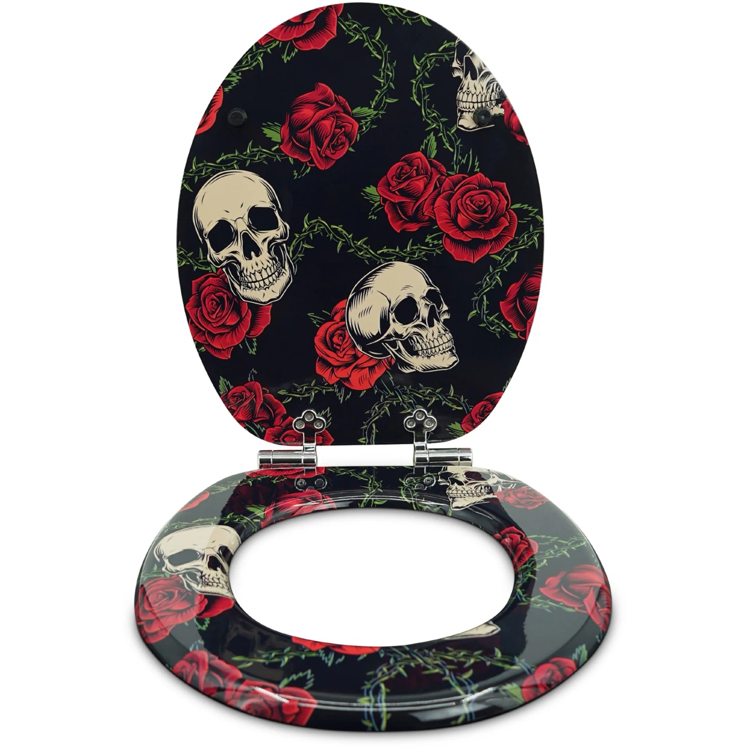 Sanfino WC-Sitz Rose Skull: Toilettendeckel aus Holz mit Absenkautomatik, Totenkopf- und Rosen-Design.