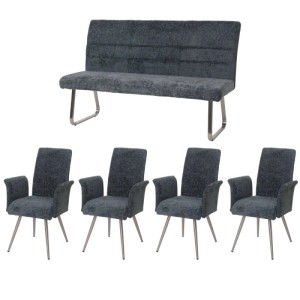 5-teilige Essgruppe: 4 Stühle mit Armlehne und Sitzbank, blau-grüner Chenille-Stoff, Edelstahlgestell.
