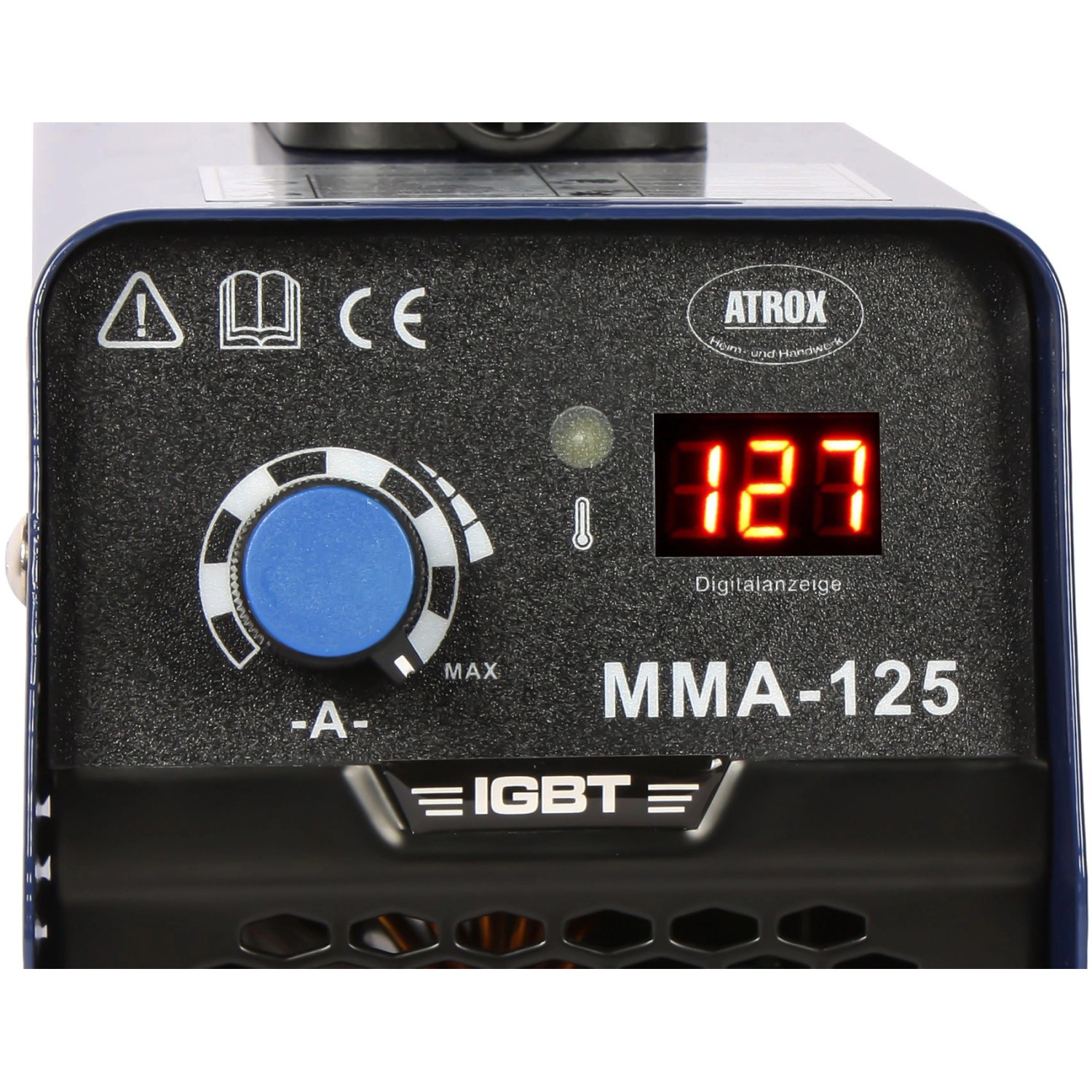 Detailansicht Atrox IGBT Inverter-Schweißgerät mit Digitalanzeige und Einstellknopf.