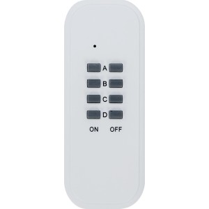 Fernbedienung für Funkschalter-Set, weiß, mit Tasten A, B, C, D, ON und OFF.