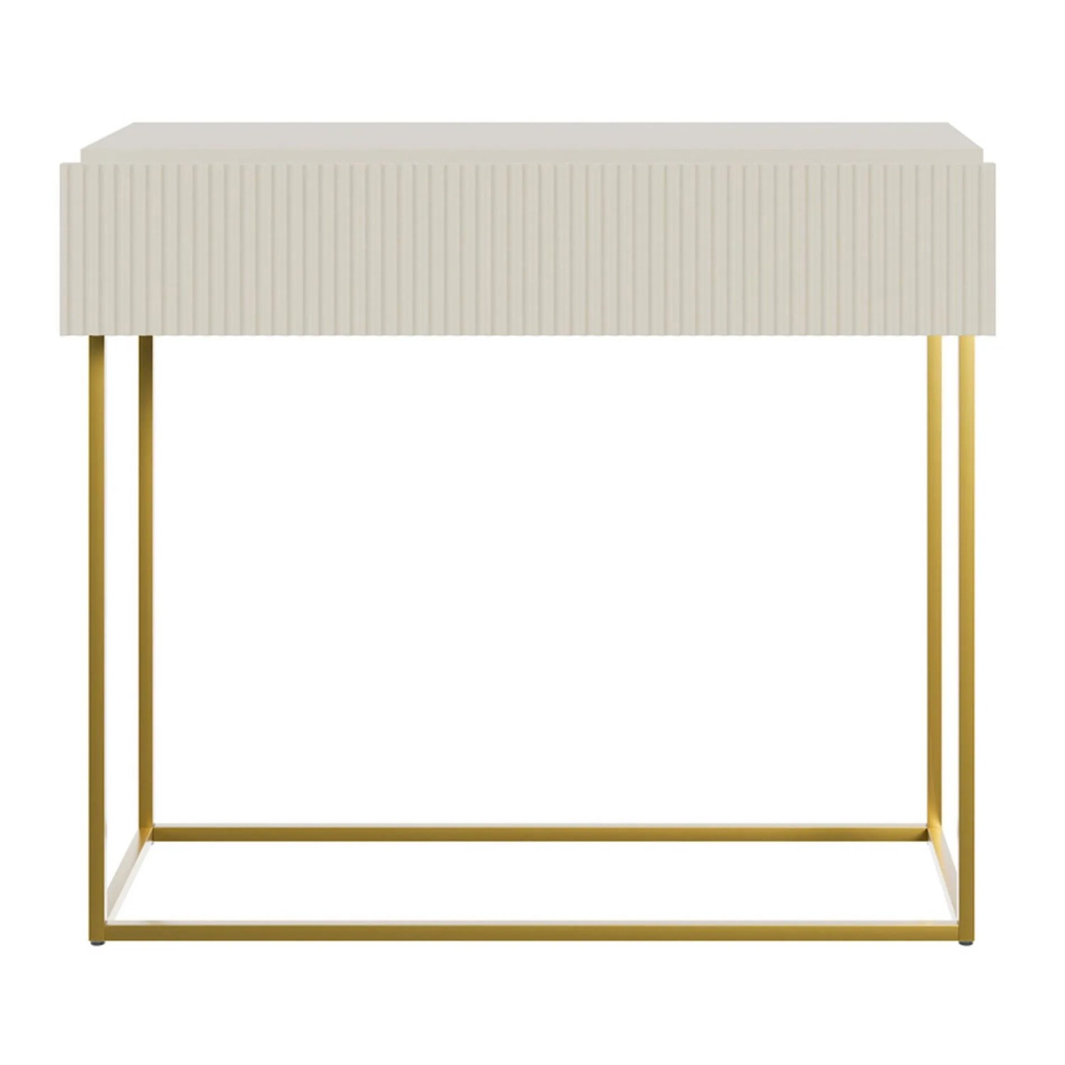 Selsey Veldio Konsolentisch, 90 cm, greige mit geriffelter Lamellenfront und goldfarbenem Metallgestell, 1 Schublade.