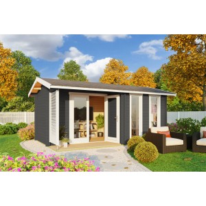 Lasita Holz-Gartenhaus Riverside, carbongrau, mit Doppeltür und Fenster im Garten.