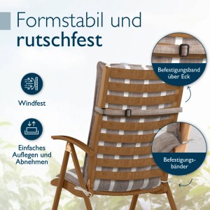 Rückseite einer beige-weiß gestreiften Hochlehner Auflage auf Holzstuhl, mit Befestigungsband und Bindebändern für sicheren Halt.