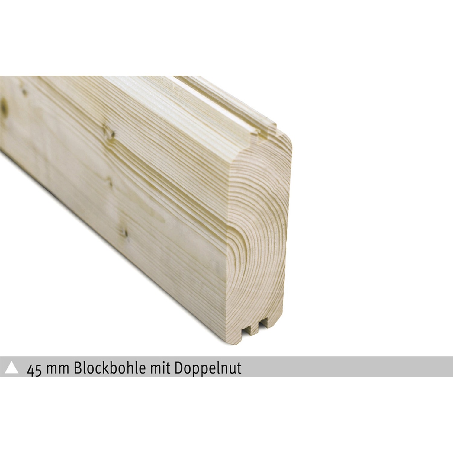 Detailaufnahme einer 45 mm Blockbohle mit Doppelnut für Skan Holz Gartenhaus Davos.