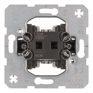 Rückseite des Unterputz Wipptaster Mechanismus mit Metallrahmen, schwarzen Steckklemmen für Schalter & Taster.