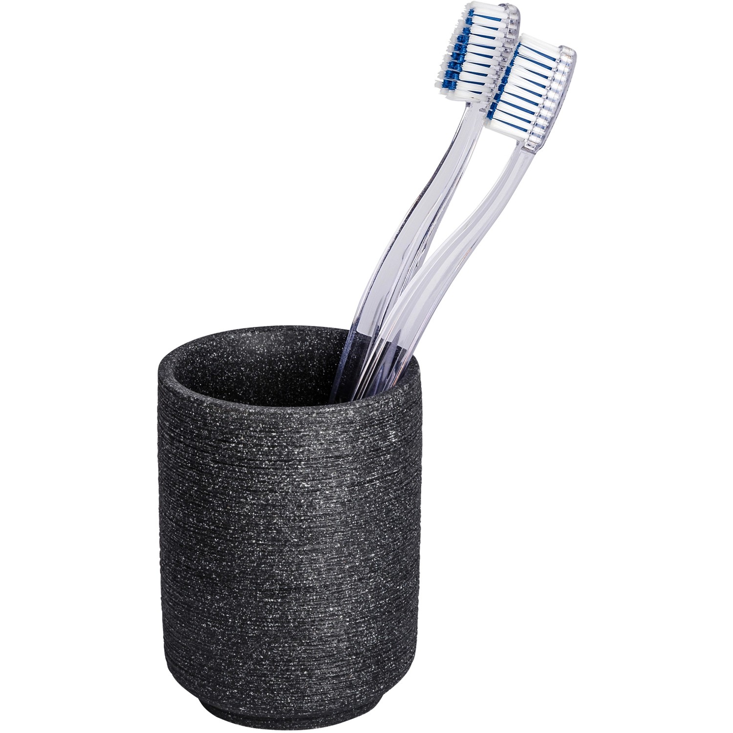 Anthrazitfarbener Wenko Zahnputzbecher Goa neo mit zwei Zahnbürsten.