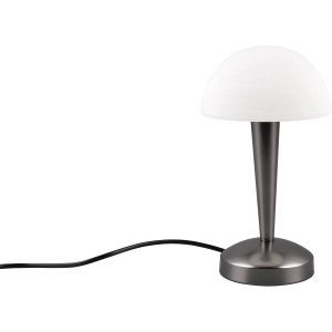 Weiße Reality Design-Tischleuchte Canaria mit Metallfuß in Schwarz-Chrom.