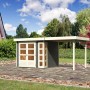 Terragraues Karibu Holz-Gartenhaus Sölve mit Flachdach und überdachter Fläche.