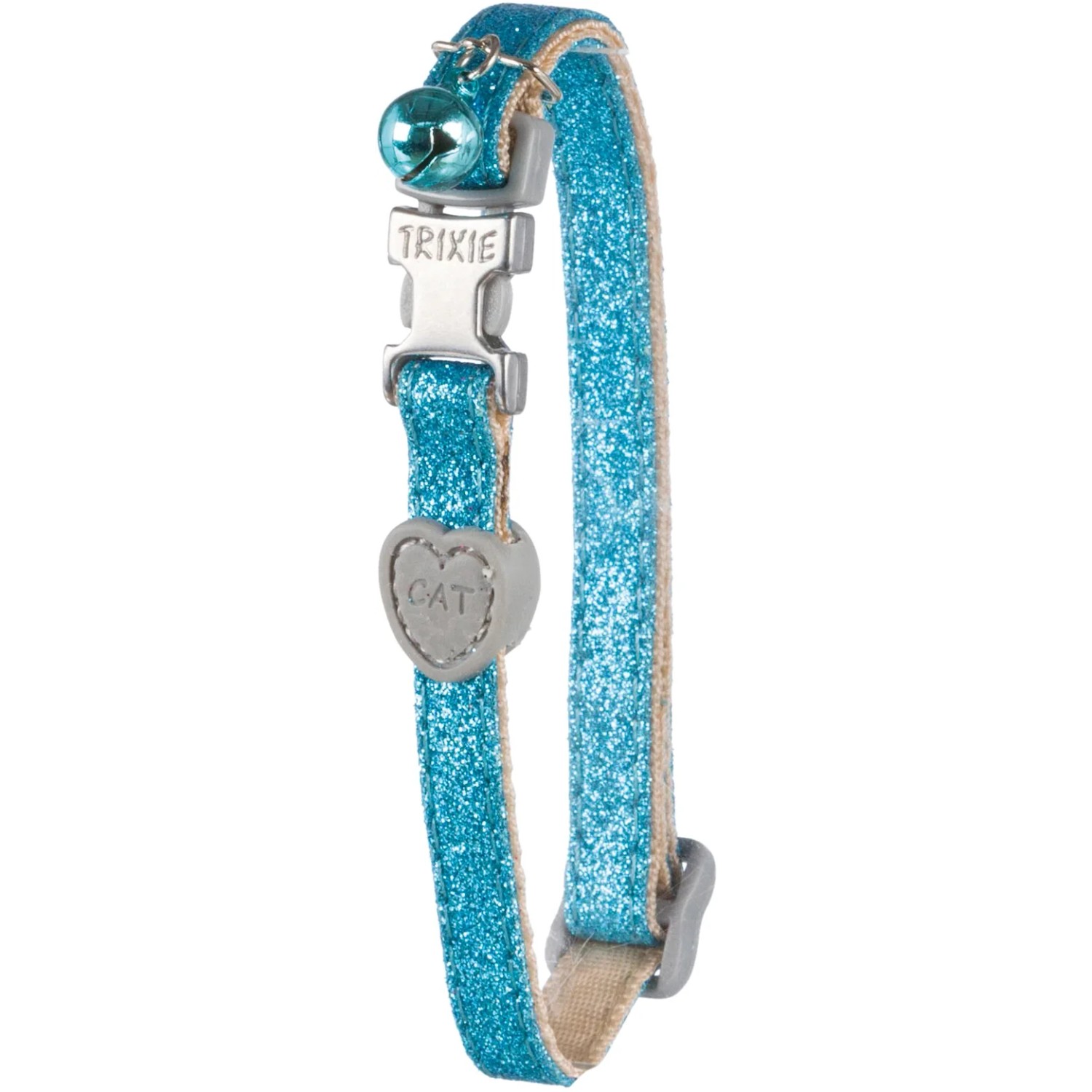 Glitzerndes, blaues Trixie Katzenhalsband mit Glöckchen und Herzanhänger.