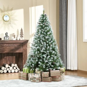 Künstlicher Weihnachtsbaum 180cm mit Kunstschnee, Zapfen und grünen Nadeln, festlich dekoriert mit Geschenken.
