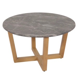 Runder Couchtisch M61 mit Marmor- / Stein-Optik und hellem Holzgestell.