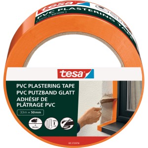 Orangefarbenes Tesa PVC Putzband, 33m x 50mm, für den Außenbereich.