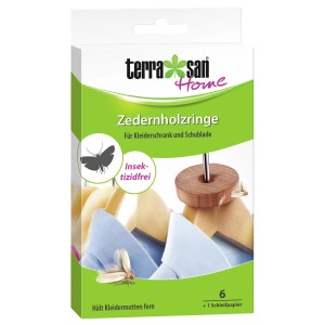 Terrasan Home Zedernholzringe gegen Kleidermotten, Packung mit Holzringen und Schleifpapier.