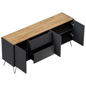 Posseik Sideboard Industrial I, 180 cm, Grafit/Eiche, mit 2 Schubladen und 3 Türen.