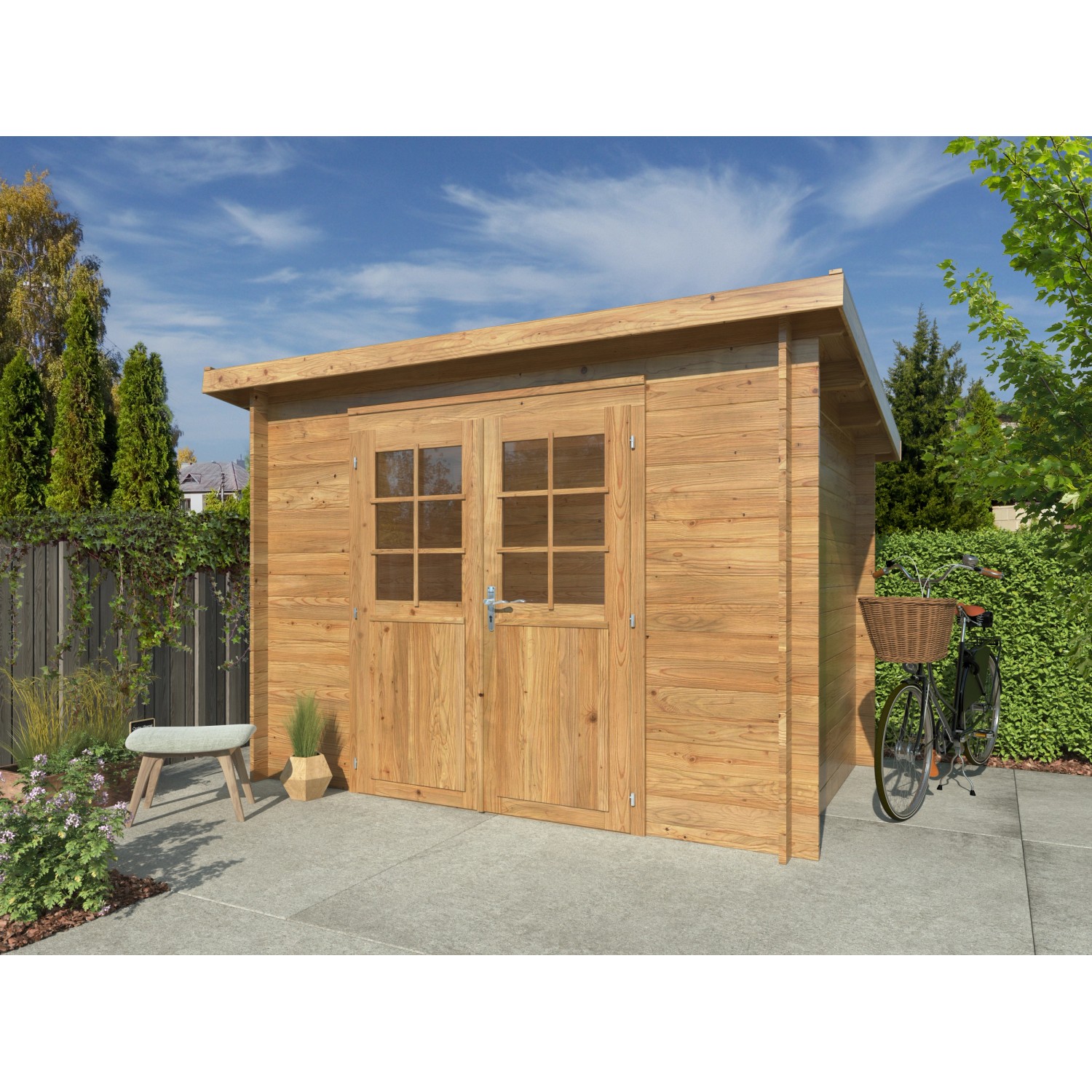 Braunes Palmako Gartenhaus Alice aus Holz mit Doppeltür und Fenster im Garten.