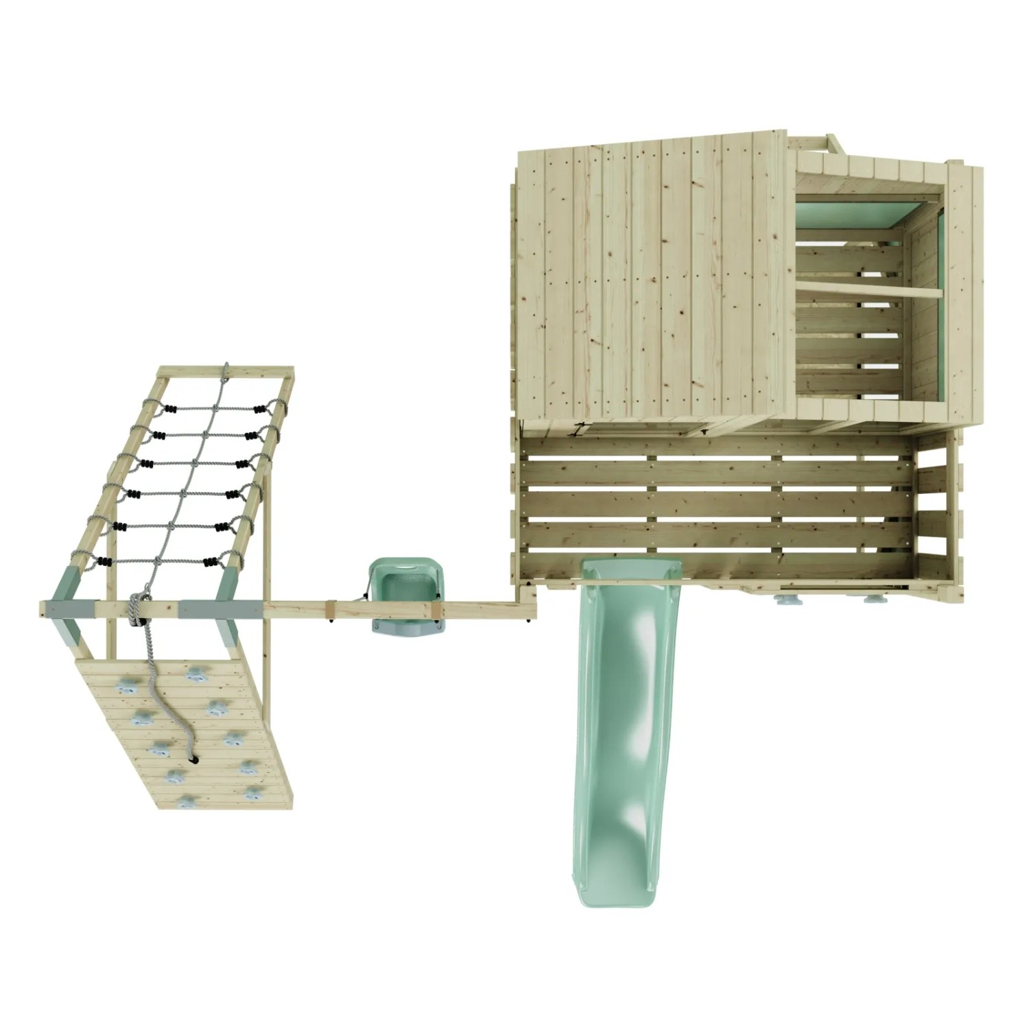 Spielturm Julie mit Babyschaukel Mintgrün, Rutsche, Kletterwand und Spielhaus aus Holz.