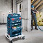 Bosch Professional L-Boxx Rollwagen mit Werkzeugkoffern auf Baustelle.