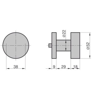 Technische Zeichnung: Basi Knopf auf Rosette ZBK 3110 Edelstahl, Maße und Details.