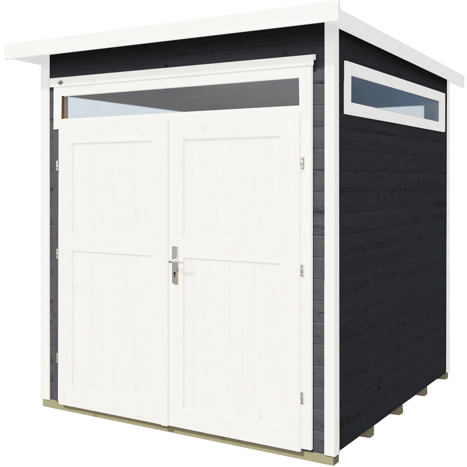 Modernes, anthrazitfarbenes Weka Gartenhaus mit Flachdach und Doppeltür.