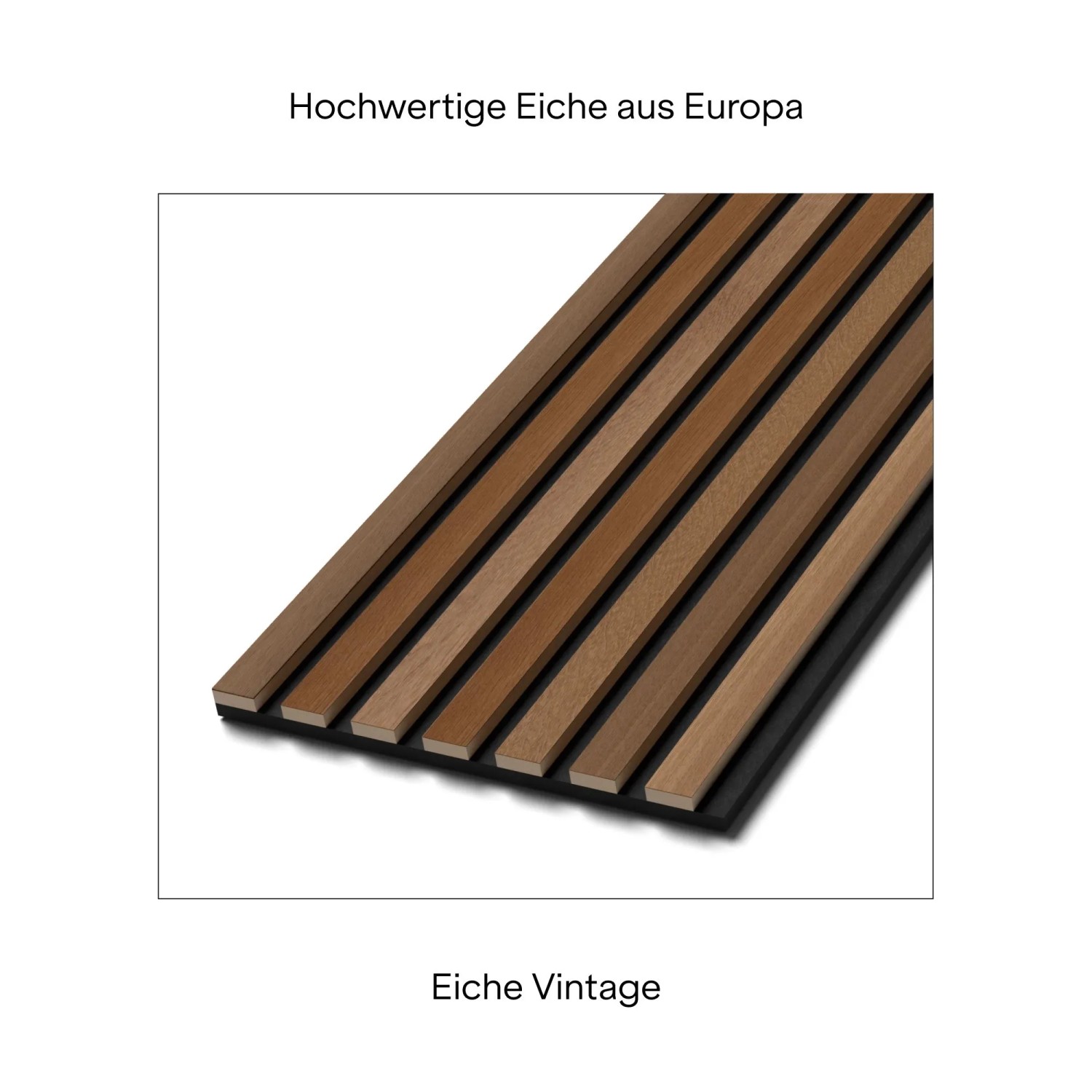 Amadeo Akustikpaneel Eiche Vintage. Braune Holzlamellen auf dunklem Filz. Selbstklebend, schallabsorbierend.