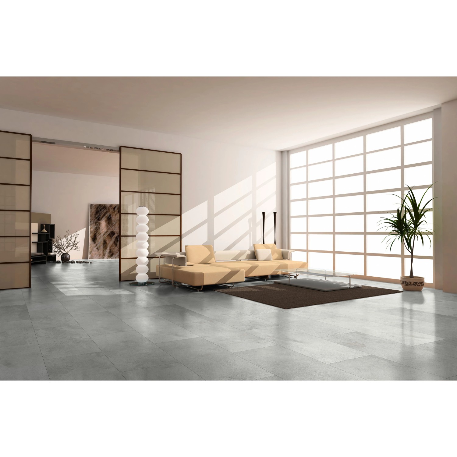 Heller Wohnraum mit Classen Ceramin Fliesen Neo Vario Breccia in Steinoptik als Bodenbelag.