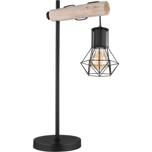 Schwarze Globo Design-Tischlampe mit Holzdetails und Metallgeflecht-Schirm.