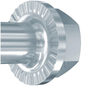 Detailaufnahme: Fischer Betonschraube UltraCut FBS II 25/15 mit Sechskant und U-Scheibe.
