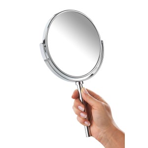 Wenko Kosmetik Handspiegel Elegance mit Halter, rund, verchromt, in Hand gehalten.