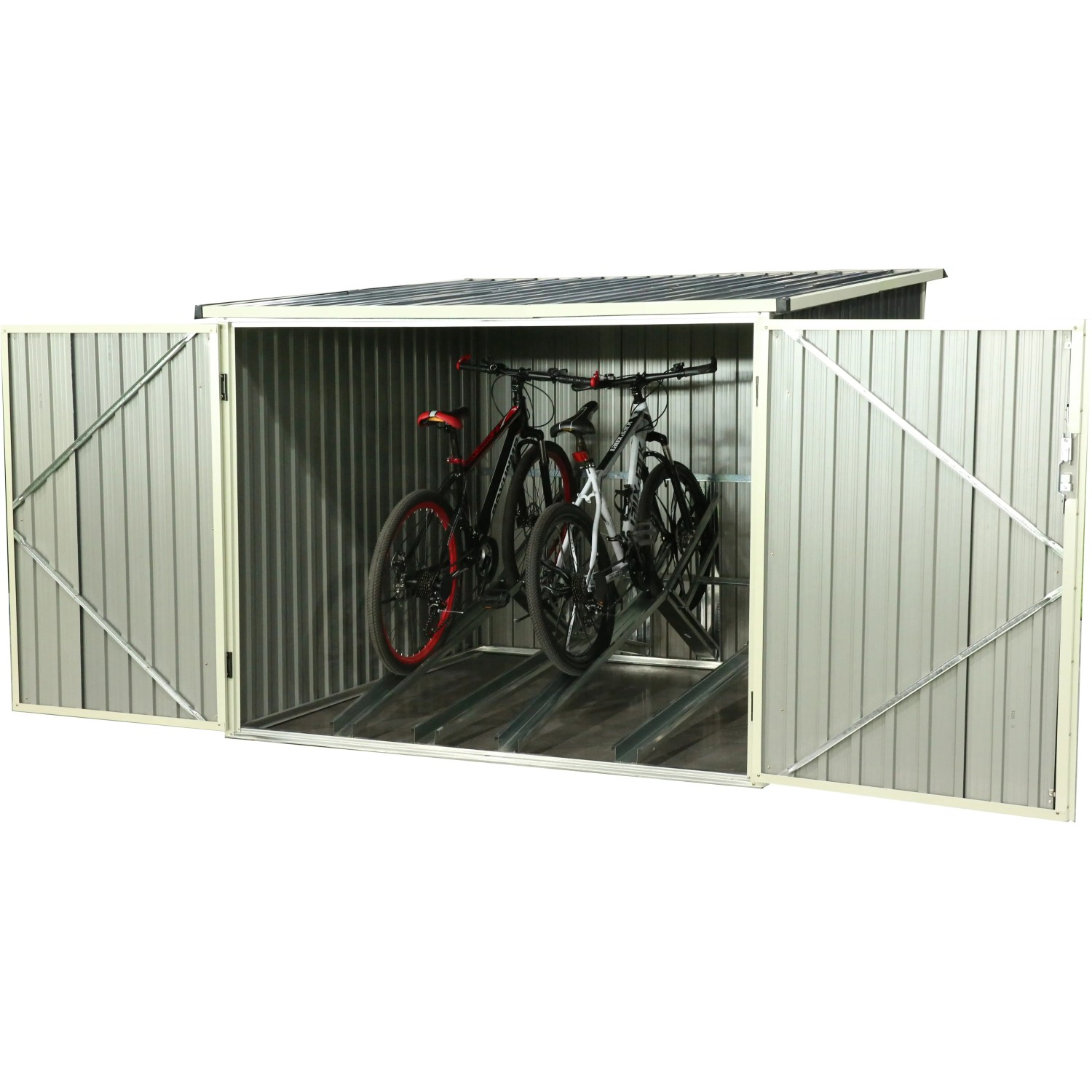 Westmann Fahrradgarage Anthrazit mit zwei Fahrrädern, offene Flügeltüren. Ideal als Unterstand.