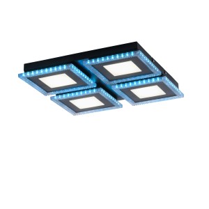 Schwarze, 4-flammige LED Deckenleuchte Acri mit RGB-Rahmen für stimmungsvolle Beleuchtung.
