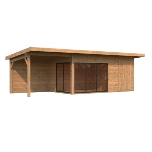 Hellbraunes Palmako Holz-Gartenhaus mit Pultdach, 833x300 cm, mit Fenster und überdachter Fläche.