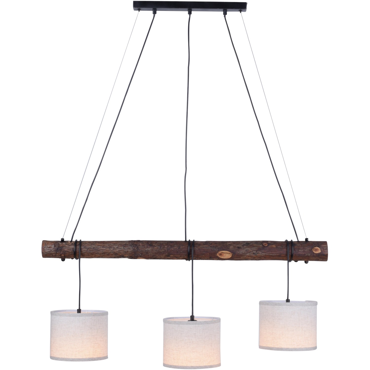 Rustikale Just Light Pendelleuchte mit Holzdekor und drei beigen Lampenschirmen.