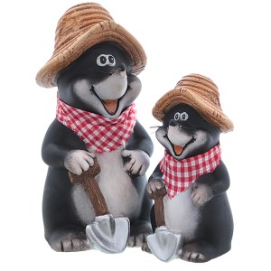 Deko-Figur: Zwei lustige Maulwürfe mit Hut und Schaufel, Gartendekoration in Schwarz-Grau.