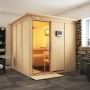 Karibu Sauna Rikka mit LED-Dachkranz und externer Steuerung, Naturholz mit Glastür.