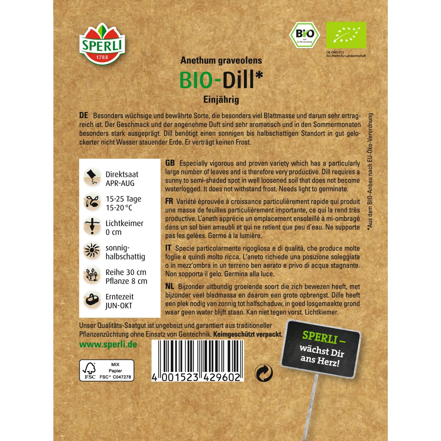 Sperli Dill Goldkrone Samenpackung, ertragreicher Kräuterdill für Beet und Topf.