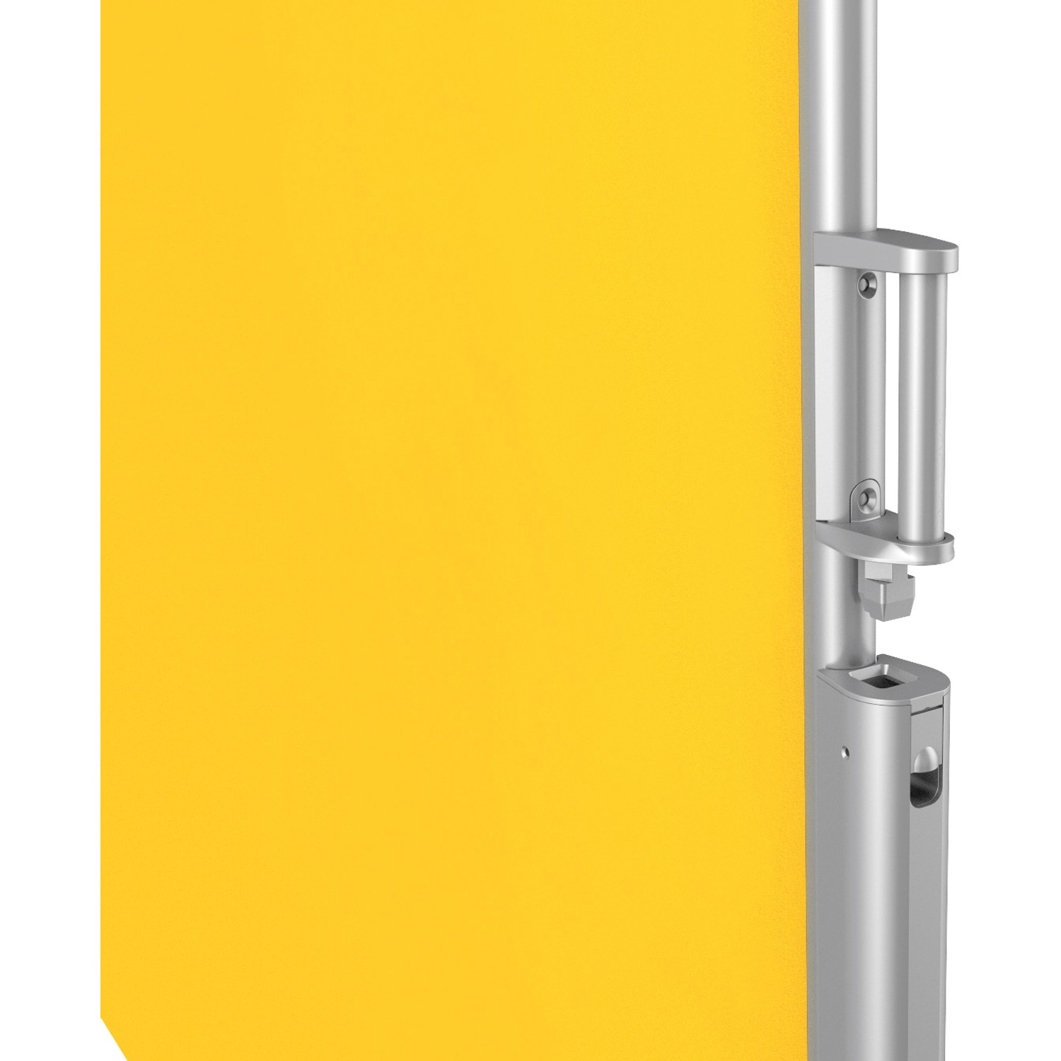 Detailaufnahme: Sandfarbene Spettmann Seitenzugmarkise Visor mit silbernem Gestell.