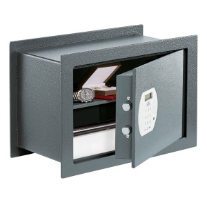 Burg Wächter Wandtresor Pure Safe PSW 130 E, anthrazit, mit geöffneter Tür und Inhalt.