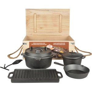 Esschert Dutch Oven Set, 7-teilig, mit Holzkiste. Ideal für Lagerfeuerküche & Grillen.