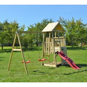 Wendi Toys Spielturm Salamander mit Rutsche, Kletterwand und Schaukel für Kinder im Garten.