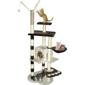 Braun-weißer Heim Kratzbaum Magic mit Liegeflächen, Kuschelhöhle und Spielzeug für Katzen.