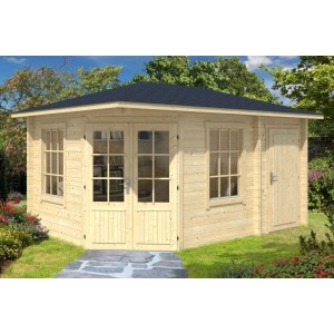 Alpholz Gartenhaus Rhein mit Walmdach, tauchimprägniert, 475x325 cm. Holzhaus mit Fenster und Tür im Garten.