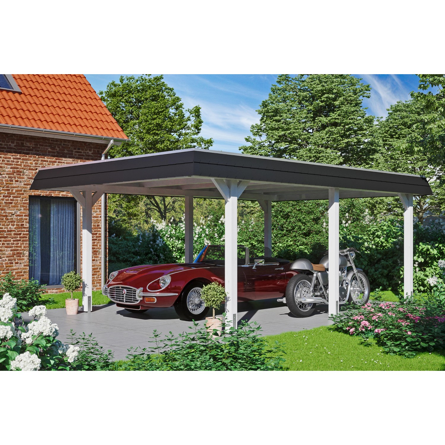 Skan Holz Carport Wendland, weiß mit Alu-Dach und schwarzer Blende, mit Auto und Motorrad